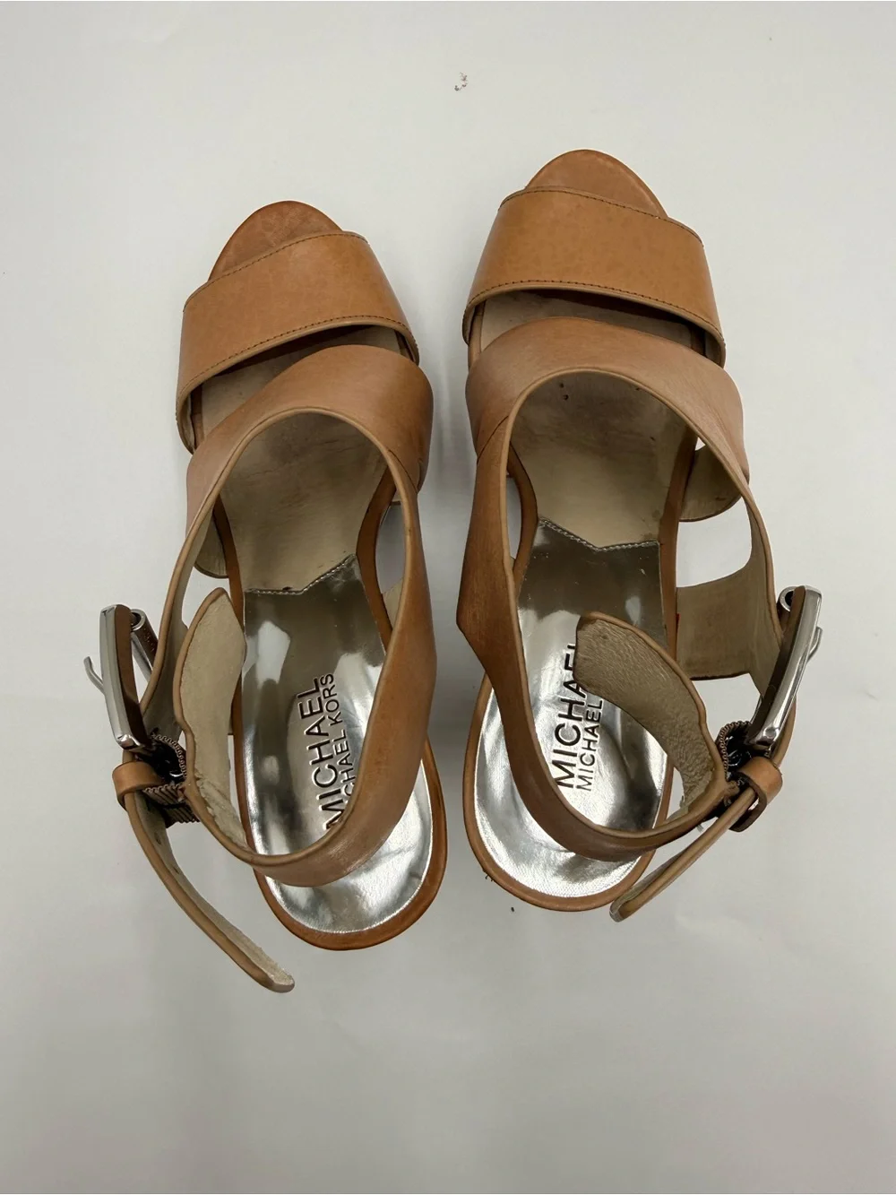 Michael Kors Carla Platform Sandals Women 8.5M Luggage Leather High Heels
